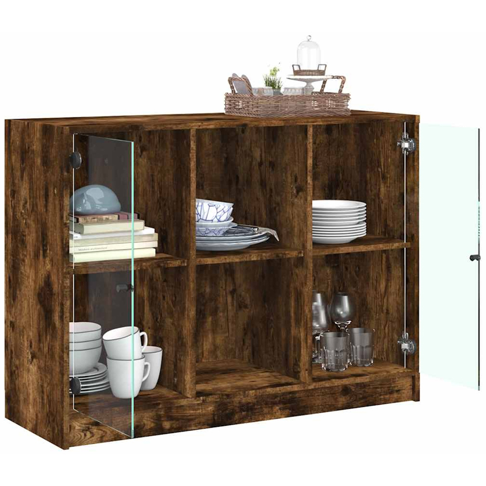vidaXL 2 Glass Door 2 Shelf Smoked Oak Sideboard Image 4
