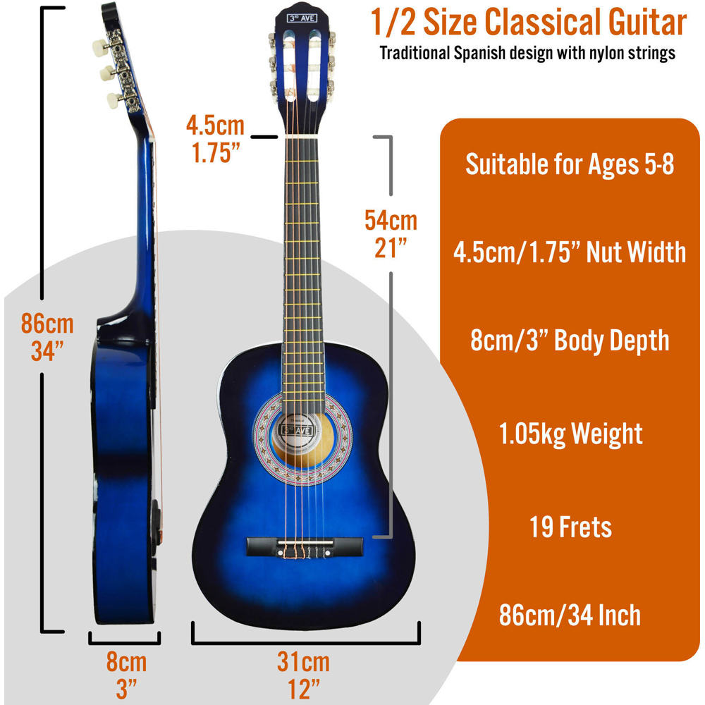 3rd Avenue Blueburst Half Size Classical Guitar Set Image 6
