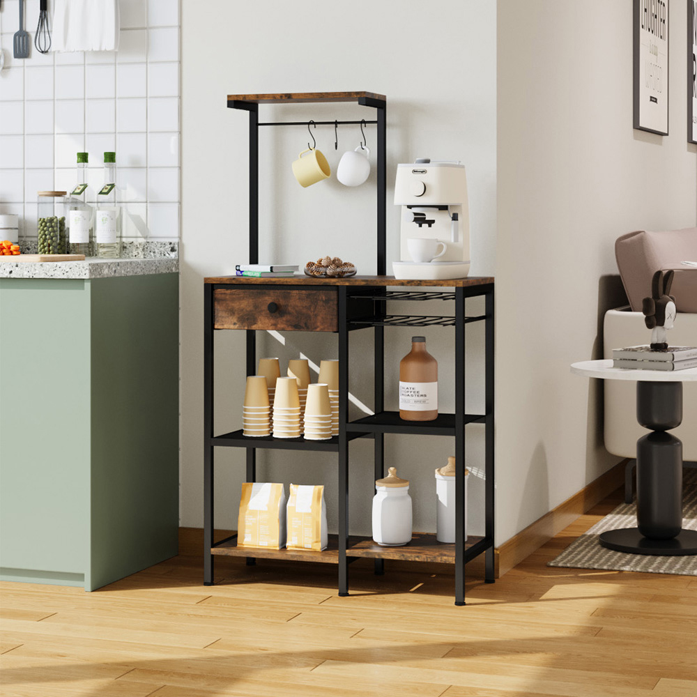 Living and Home Single Drawer 4 Shelf Wood and Metal Coffee Station with Hanging Rail Image 8