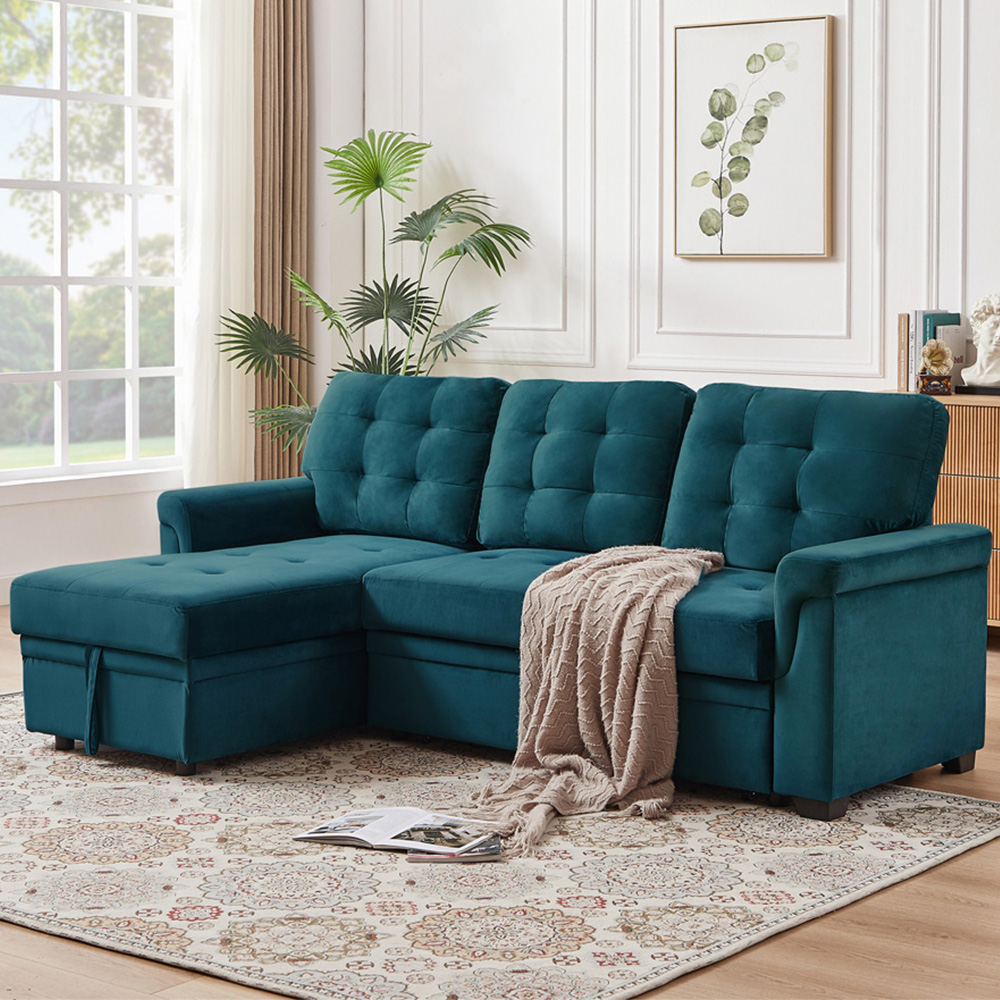 Furniture One 3 Seater Green Corner Storage Sofa Bed Image 1