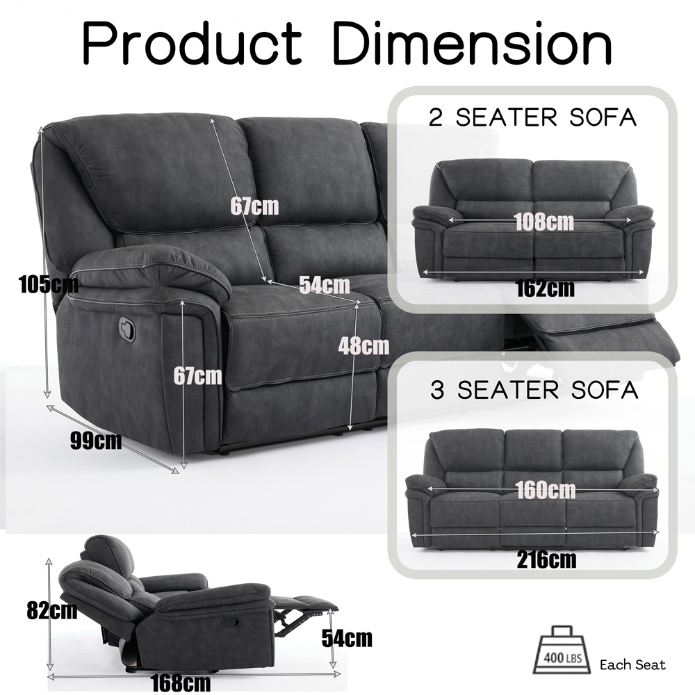 Langham 4 Seater Dim Grey Leathaire Manual Recliner Sofa Set Image 9