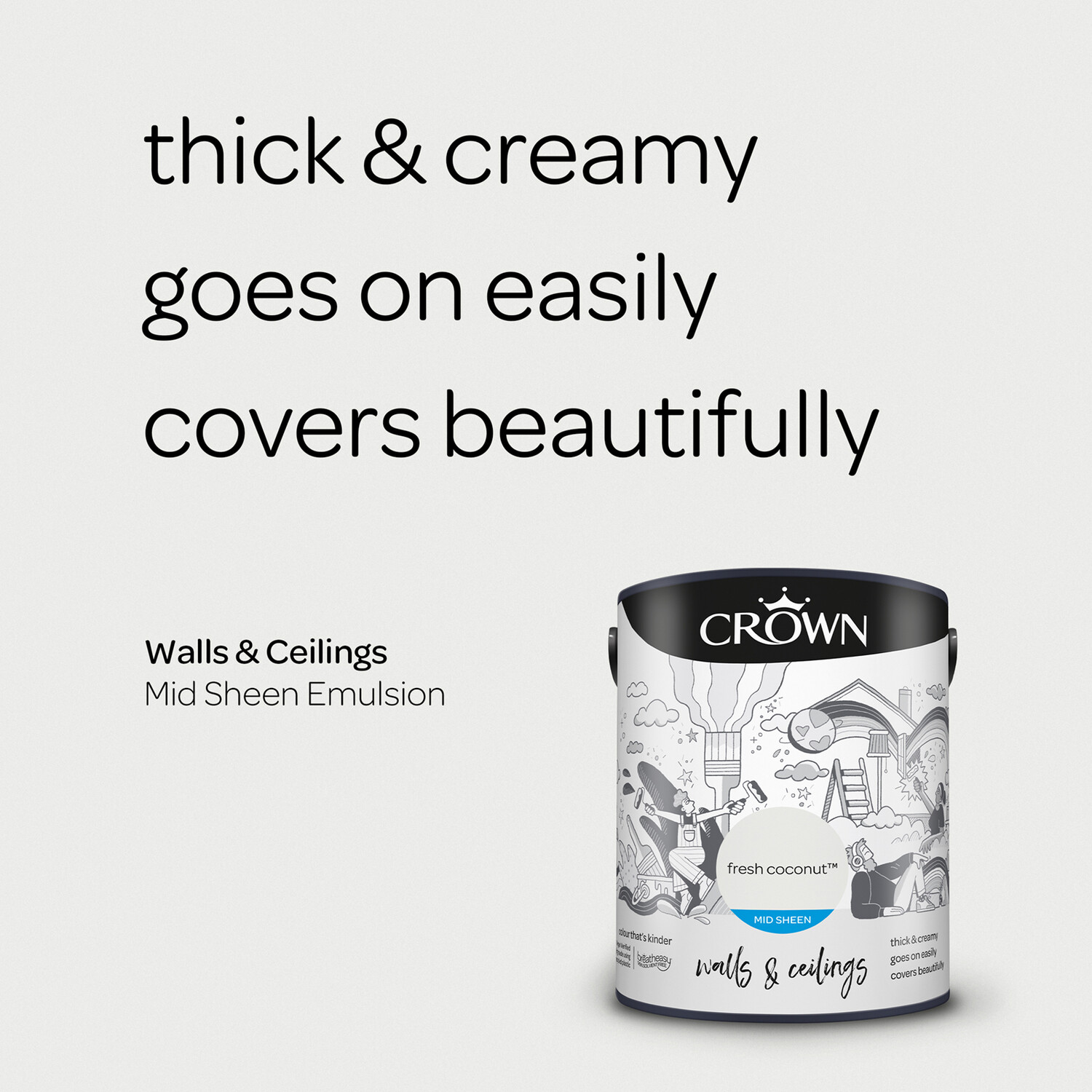 Crown Walls & Ceilings Fresh Coconut Mid Sheen Emulsion Paint 5L Image 8