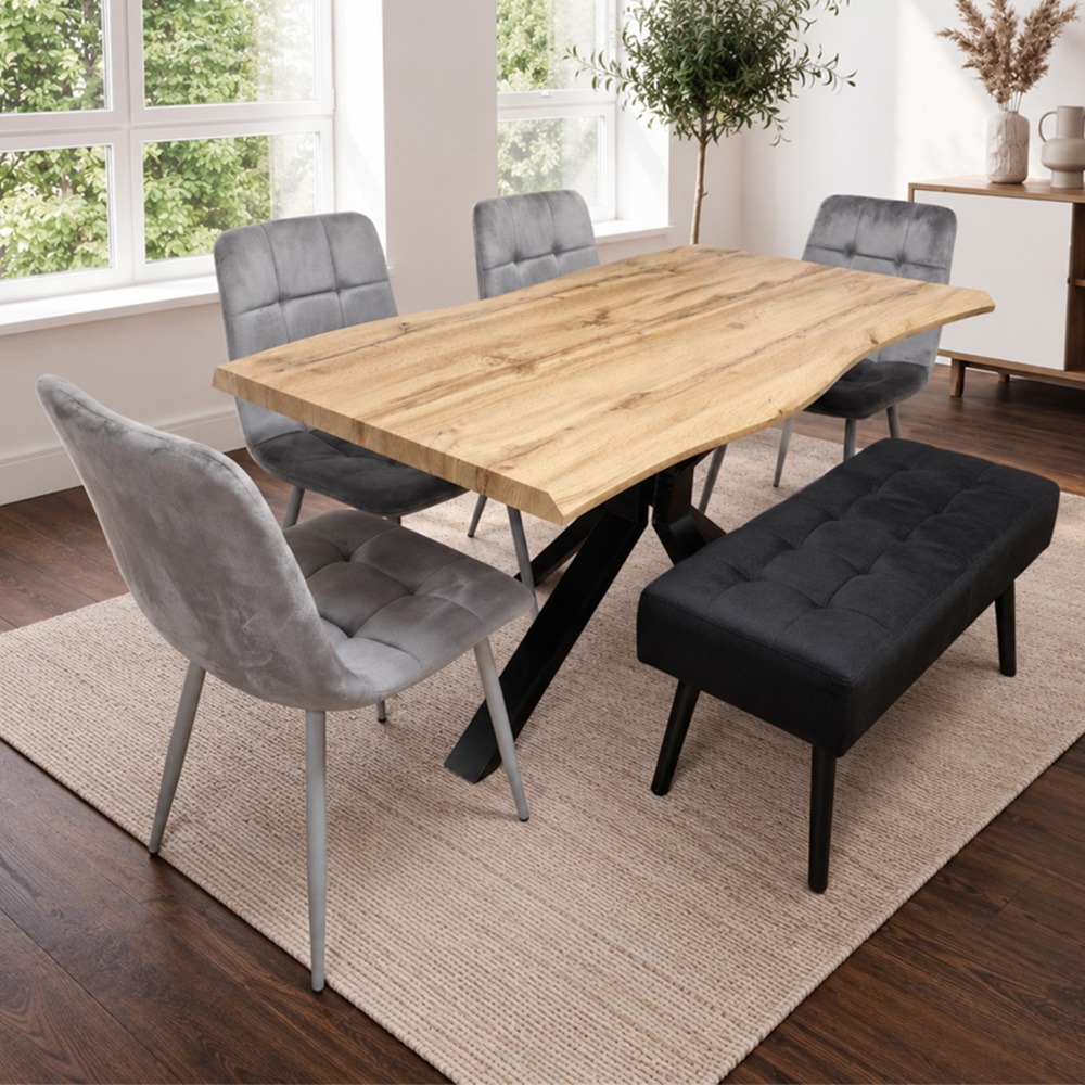 Portland 5 Seater Velvet Wooden Dining Set with Bench Brown Grey and Black Image 1