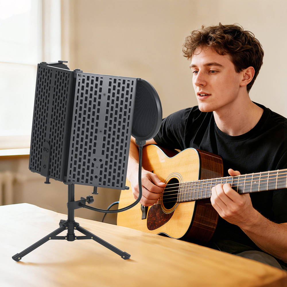 HOMCOM Black Studio Microphone Isolation Shield with Pop Filter and Stand Image 8