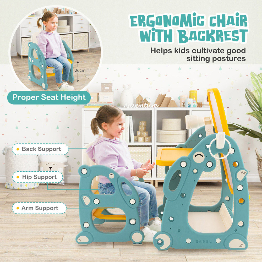 Costway 4 in 1 Yellow and Blue Kids Drawing Table and Chair Set Image 5