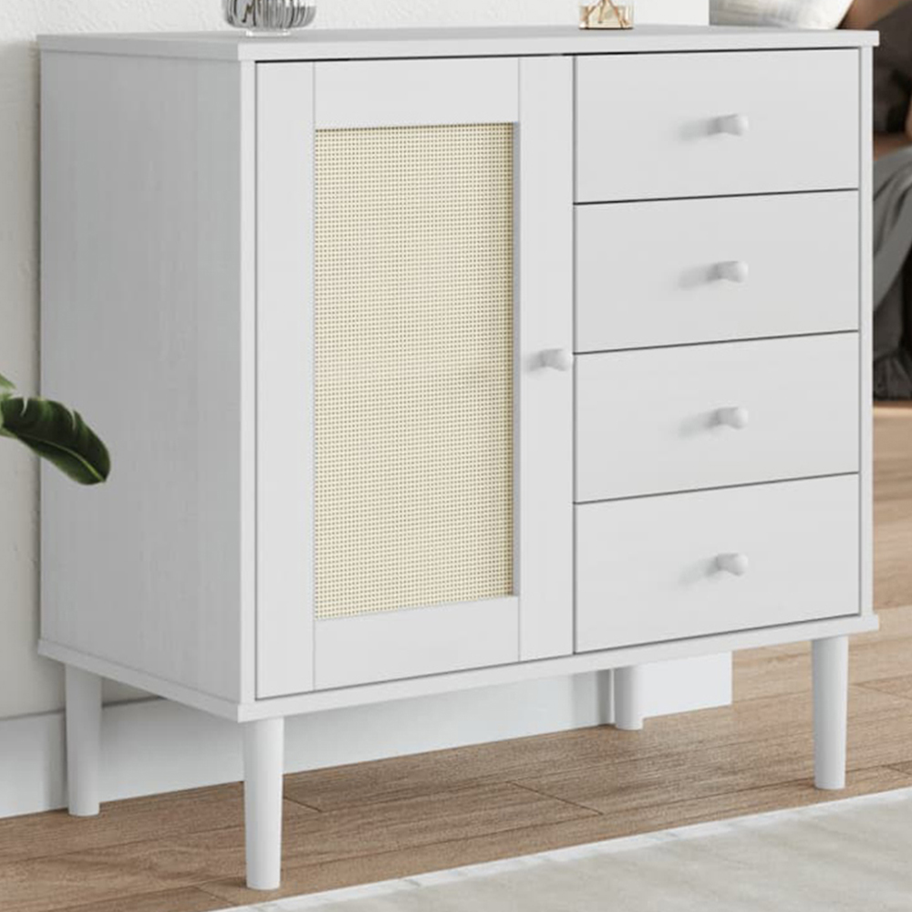 vidaXL Senja Single Door 4 Drawer White Solid Pine Wood Rattan Look Sideboard Image 1