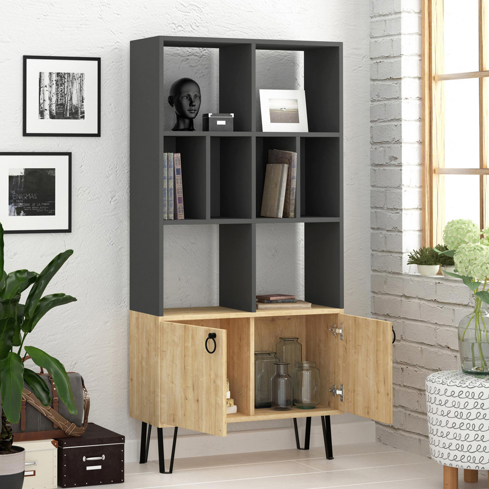 Decortie Bene 2 Door 8 Shelf Anthracite Oak Bookcase Image 3