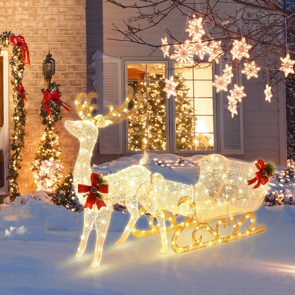 Costway 215 Warm White LED Pre-Lit Reindeer and Santa’s Sleigh Christmas Decoration Image 3
