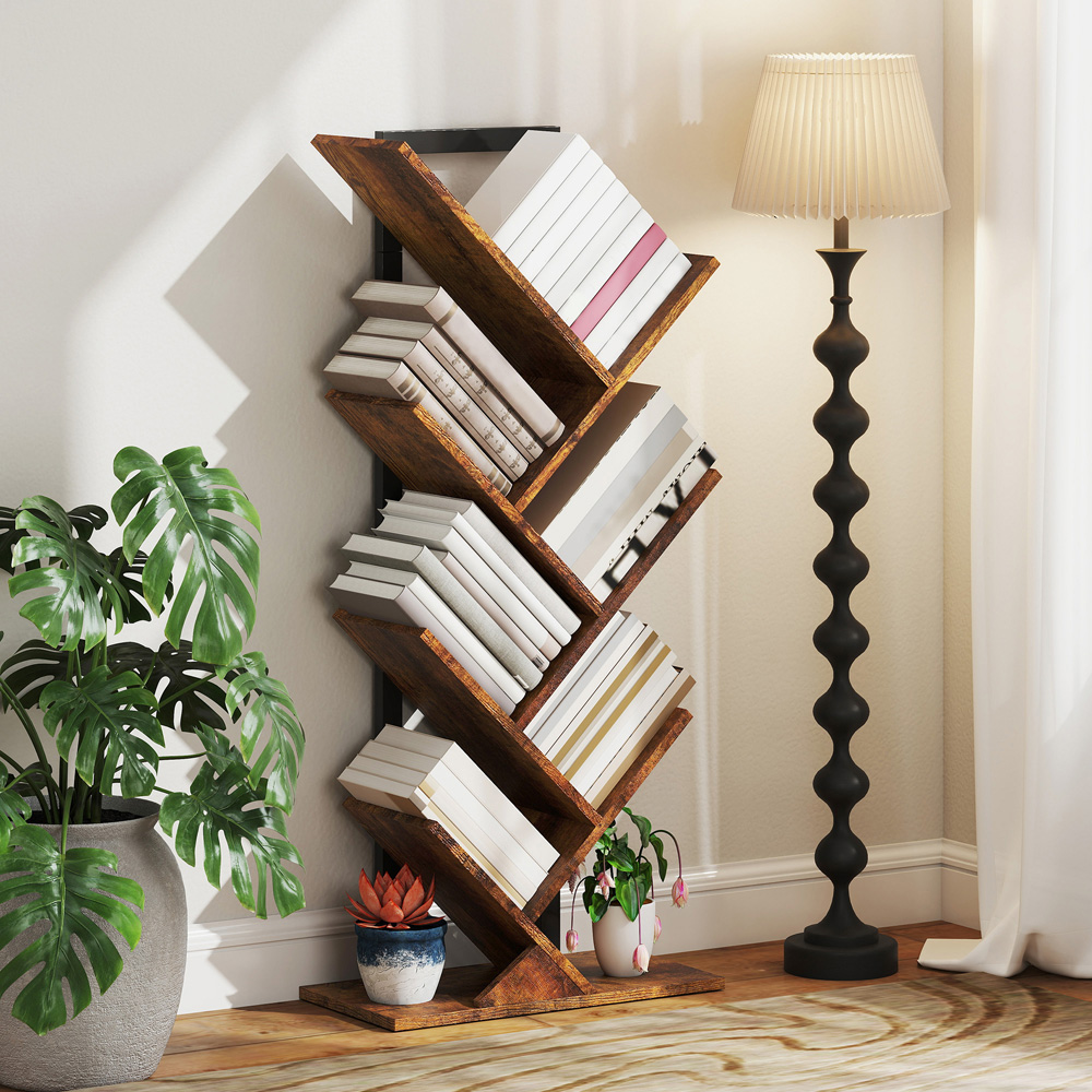 HOMCOM 6 Shelf Rustic Brown Steel Frame Tree Bookshelf Image 6