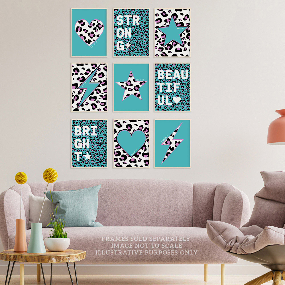 Wee Blue Coo Turquoise Purple Leopard Pattern Heart Lightning Star Wall Art Print 30 x 41cm 9 Pack Image 2