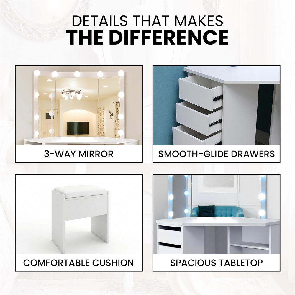 Portland 5 Drawer White Corner Dressing Table Set with LED Mirror Image 6