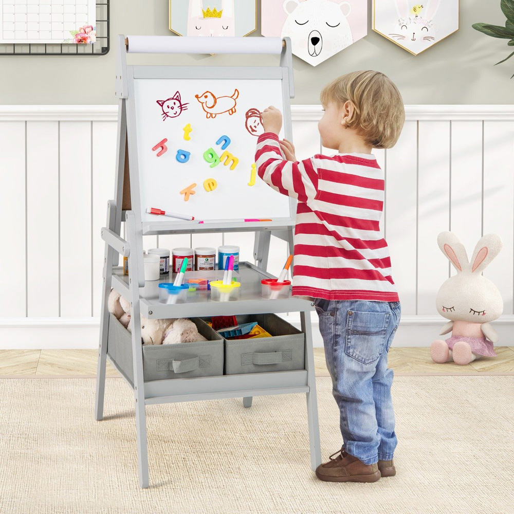 Costway Kids Grey Double Sided Easel with Magnetic Whiteboard and Chalkboard Image 2