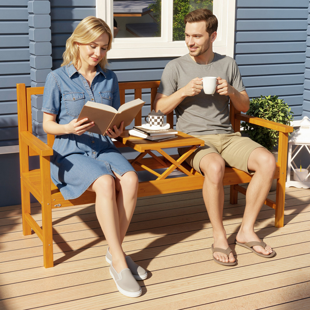 Outsunny 2 Seater Natural Wooden Garden Bench with Liftable Middle Table Image 1