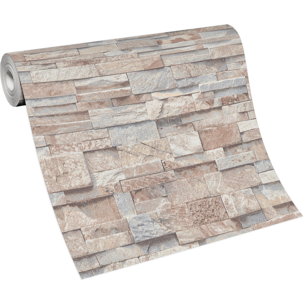 Erismann Realistic Brick Effect Stone Wall Grey and Beige Wallpaper Image 2