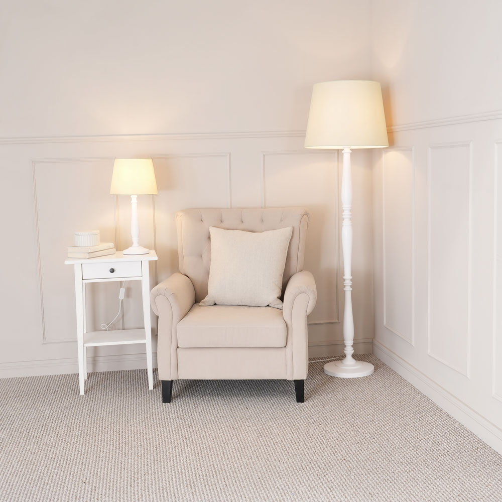 ValueLights Victoria Beige Fabric Tapered Shade White Wood Traditional Stem LED Floor Lamp Image 4