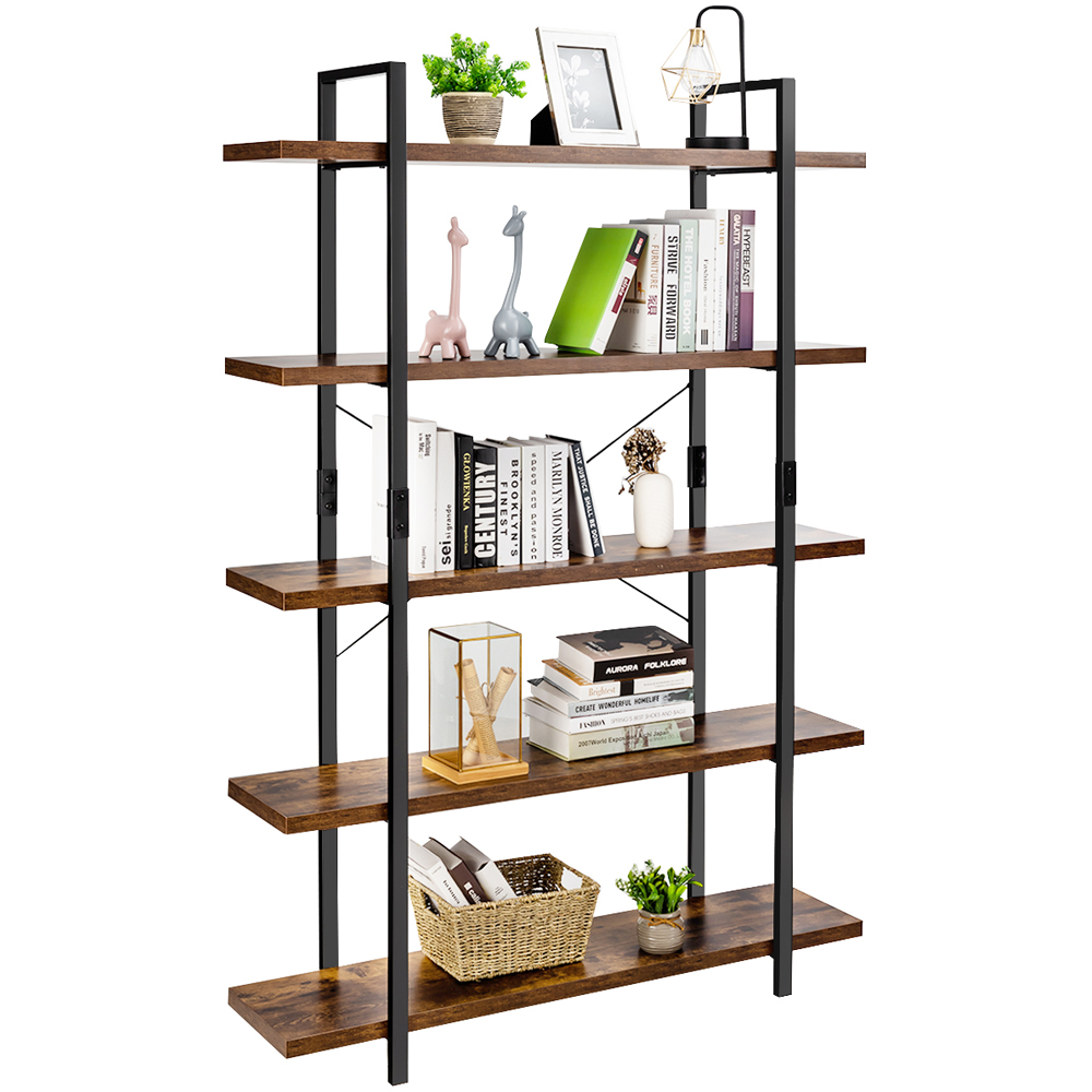 Costway 5 Shelf Rustic Brown Industrial Bookcase Image 2