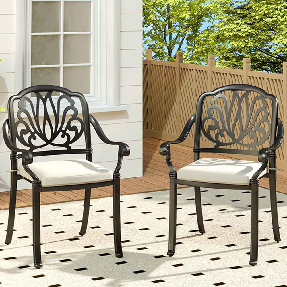Living and Home Set of 2 Black Cast Aluminium Chairs with Cushions Image 1