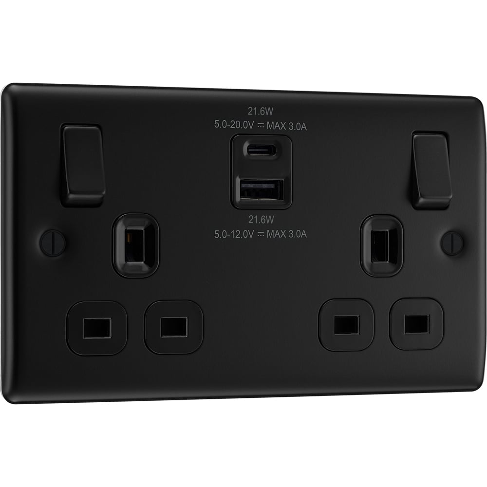 BG Nexus 13A Matt Black Double Switched Socket with USB A and C Image 1