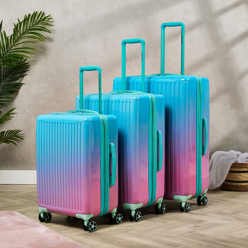 VACAY 3 Piece Blue and Pink Fibertech Hard Shell Spinner Luggage Set Image 2