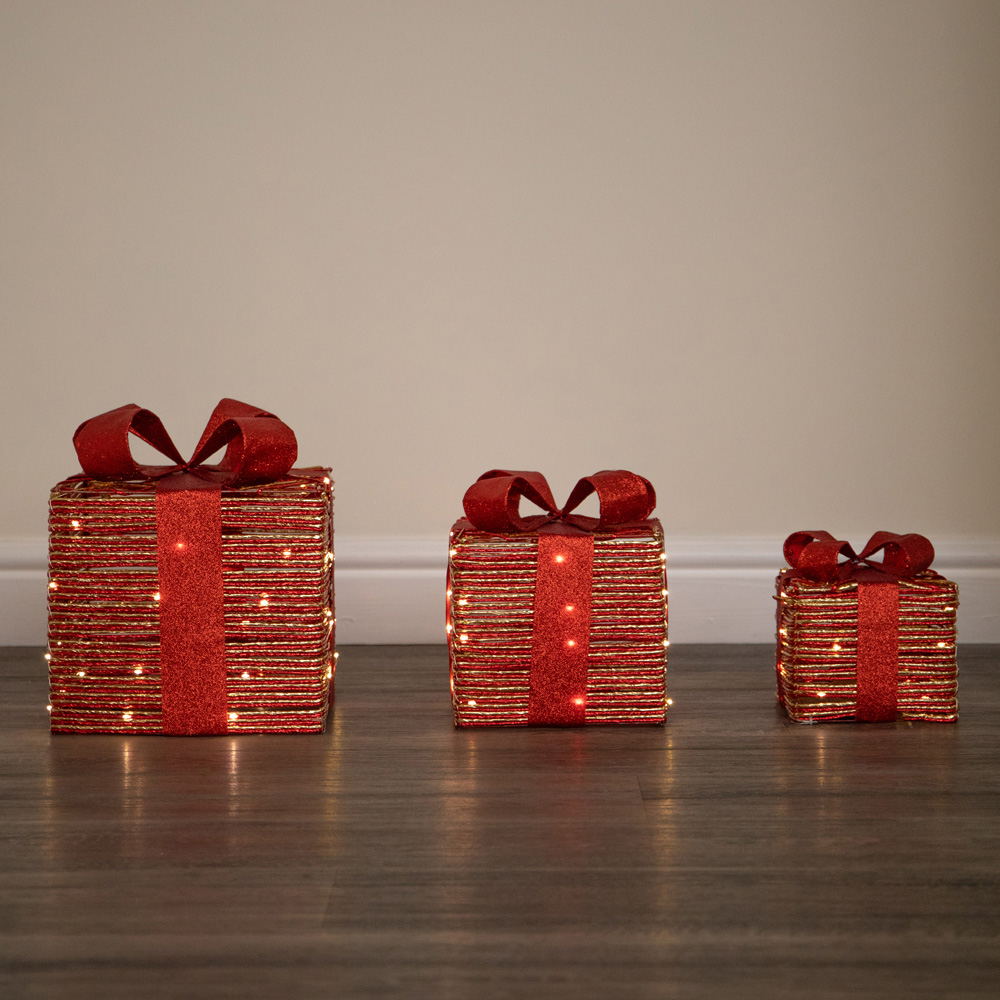 Samuel Alexander Set of 3 Warm White LED Light Up Red and Gold Christmas Box Decoration Image 7