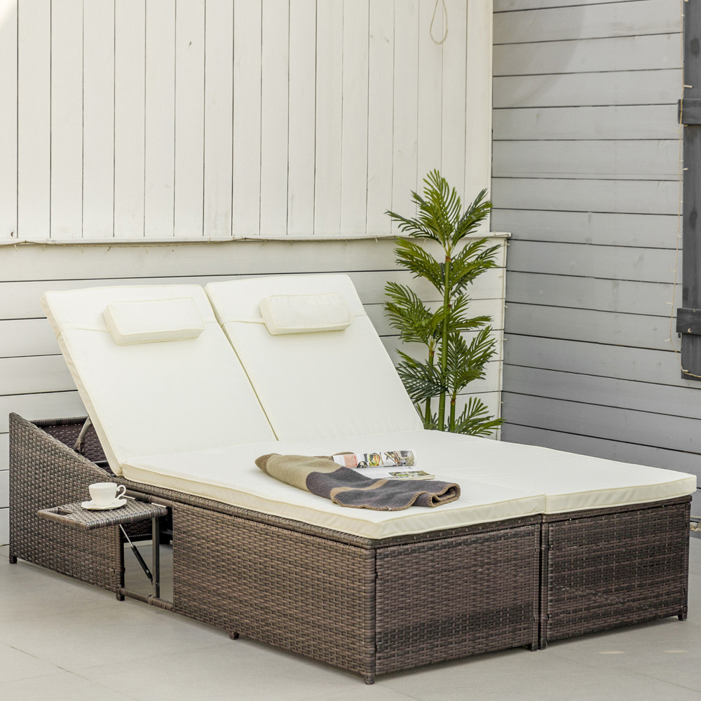 Outsunny 2 Seater Brown and White Rattan Lounger Bed Image 1