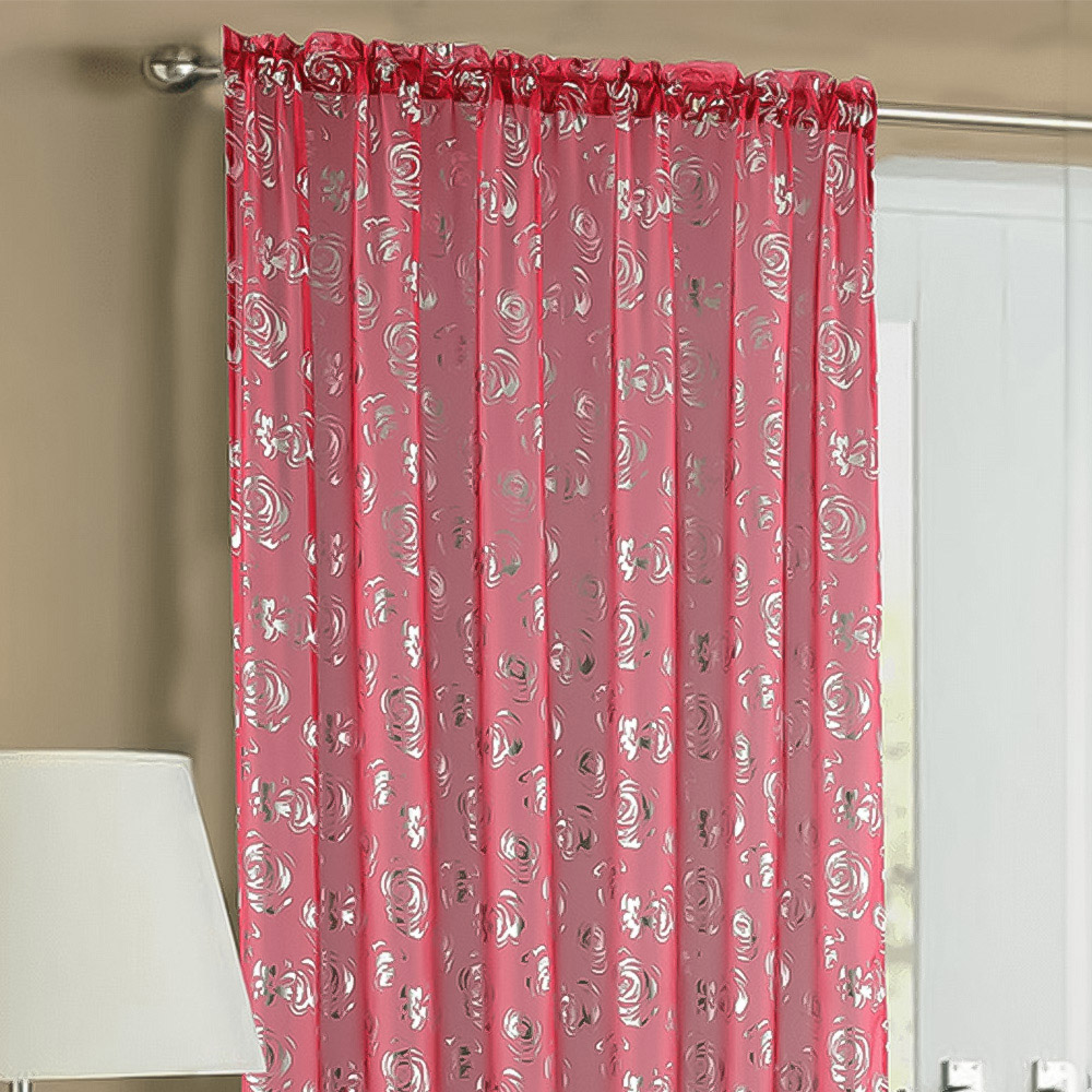 Velosso Geneva Red Foil Flower Voile Panel Curtain 150 x 229cm Image 2
