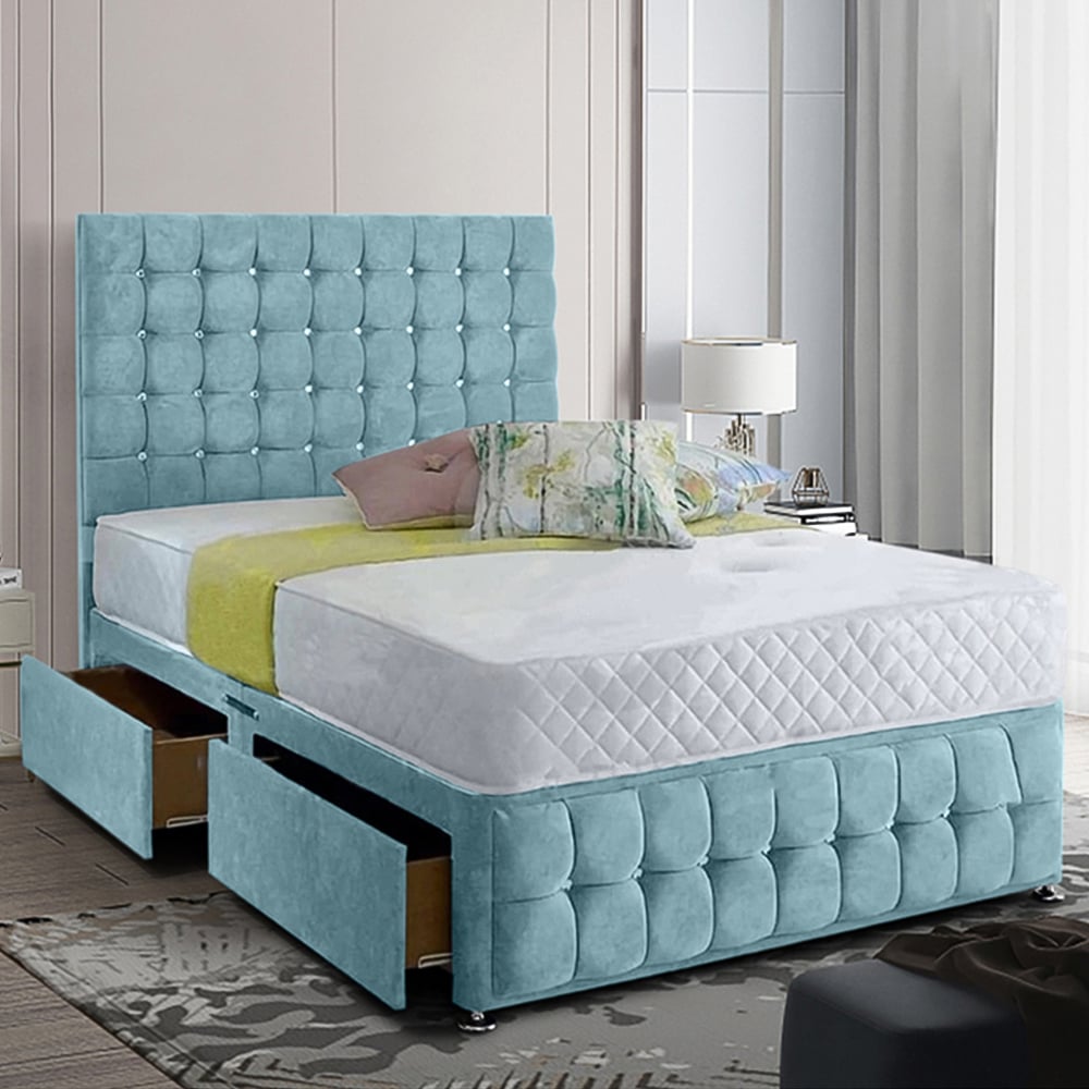 Eleganza Home Cloudrest King Size Duck Egg Plush Velvet 2 Drawer Divan Bed with Headboard Image 1