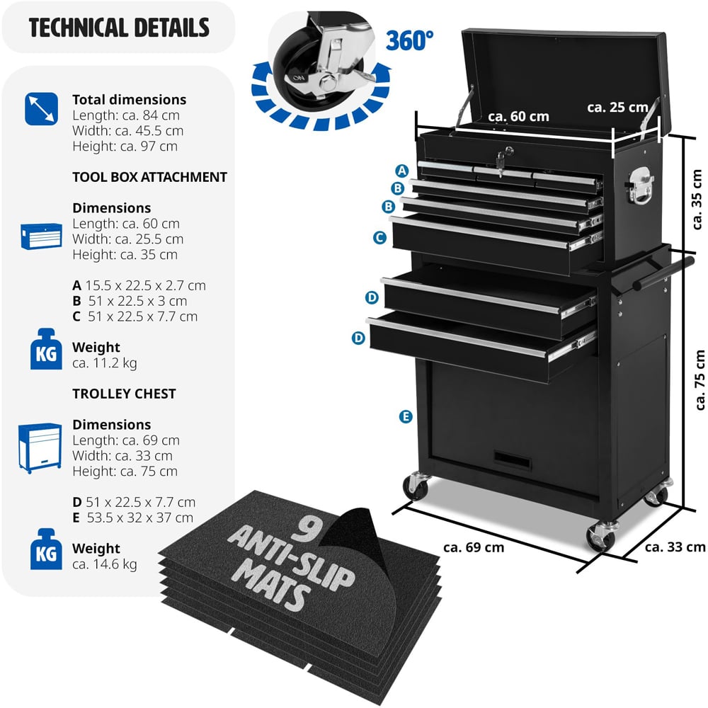 tectake 8 Drawer Black Tool Chest of Drawers with Wheels Image 9