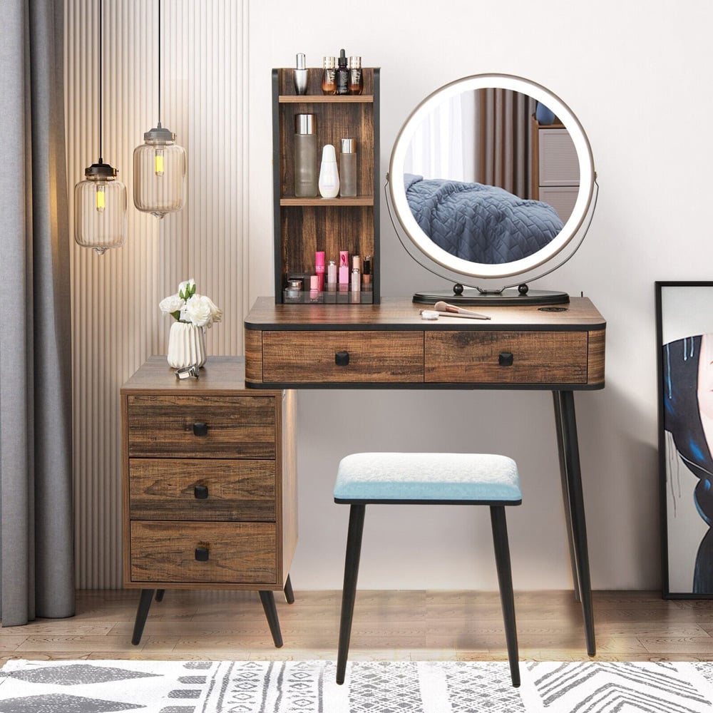 Costway 5 Drawer Brown Vanity Dressing Table Set with LED Mirror and Charging Station Image 3