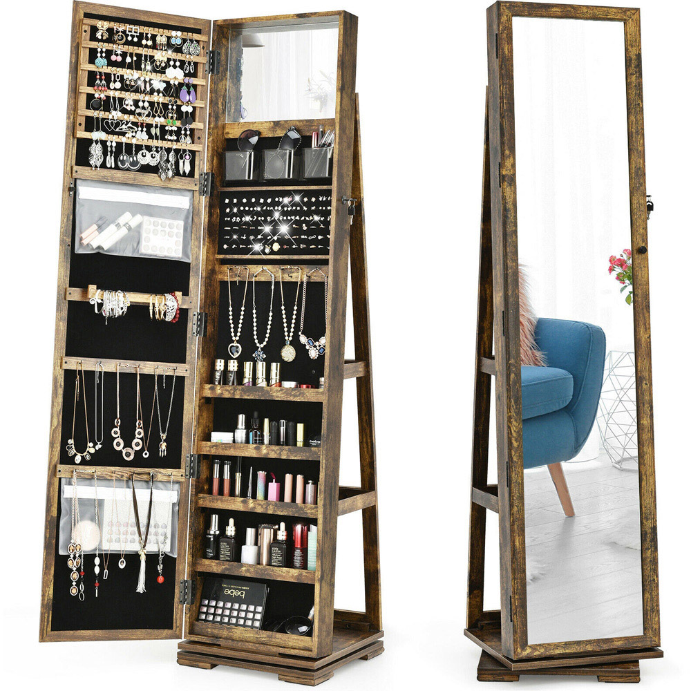 Costway Rustic Brown Rotatable Full Length Mirrored Jewellery Cabinet with 3 Shelf Image 3