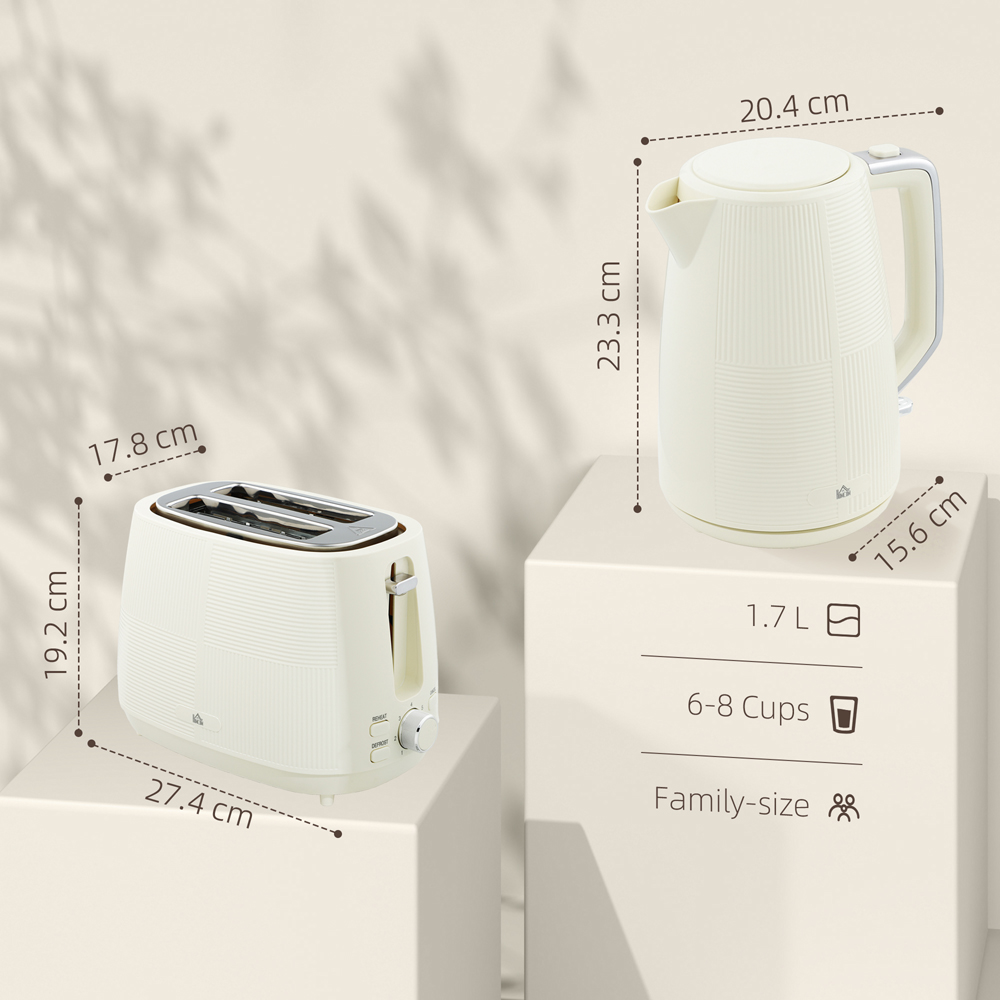 HOMCOM 800-233V70CW Cream 1.7L Fast Boil Electric Kettle 3000W and 2 Slice Water Toaster Set Image 9