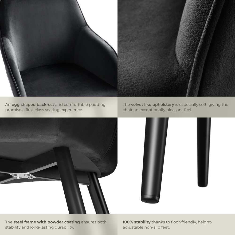 tectake Marilyn Set of 2 Black Velvet Look Padded Dining Chairs Image 5