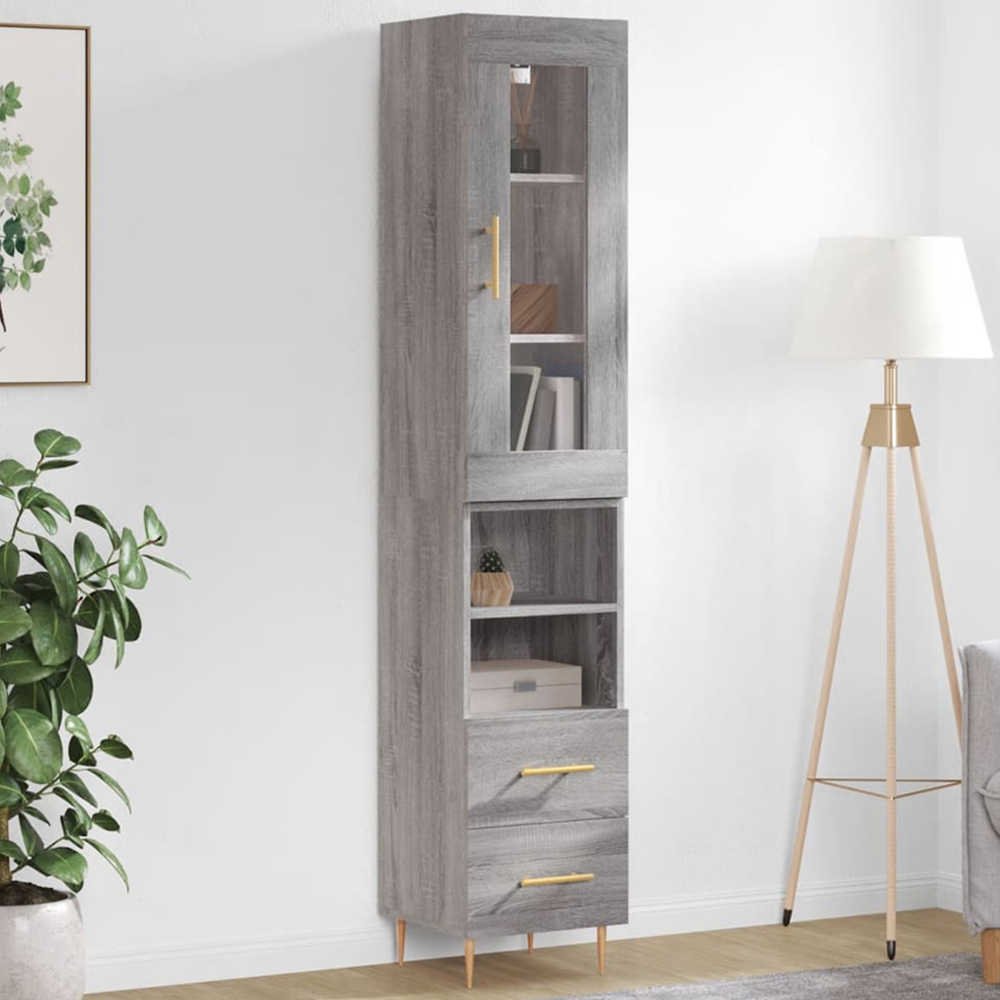vidaXL Single Glass Door 2 Drawer 2 Shelf Grey Sonoma Highboard Image