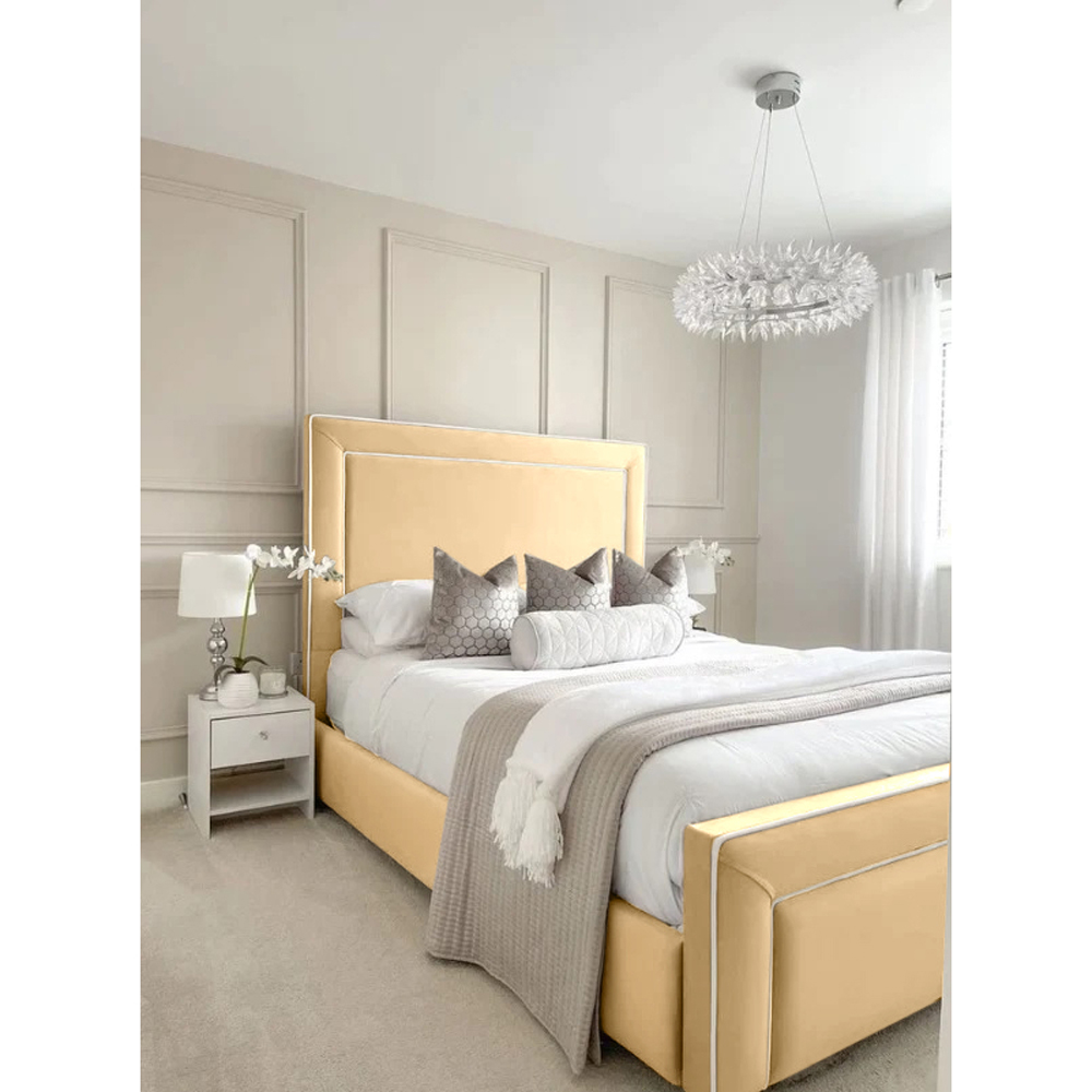 Eleganza Home Arring Super King Size Beige Plush Velvet Bed Frame with Headboard and Footboard Image 2