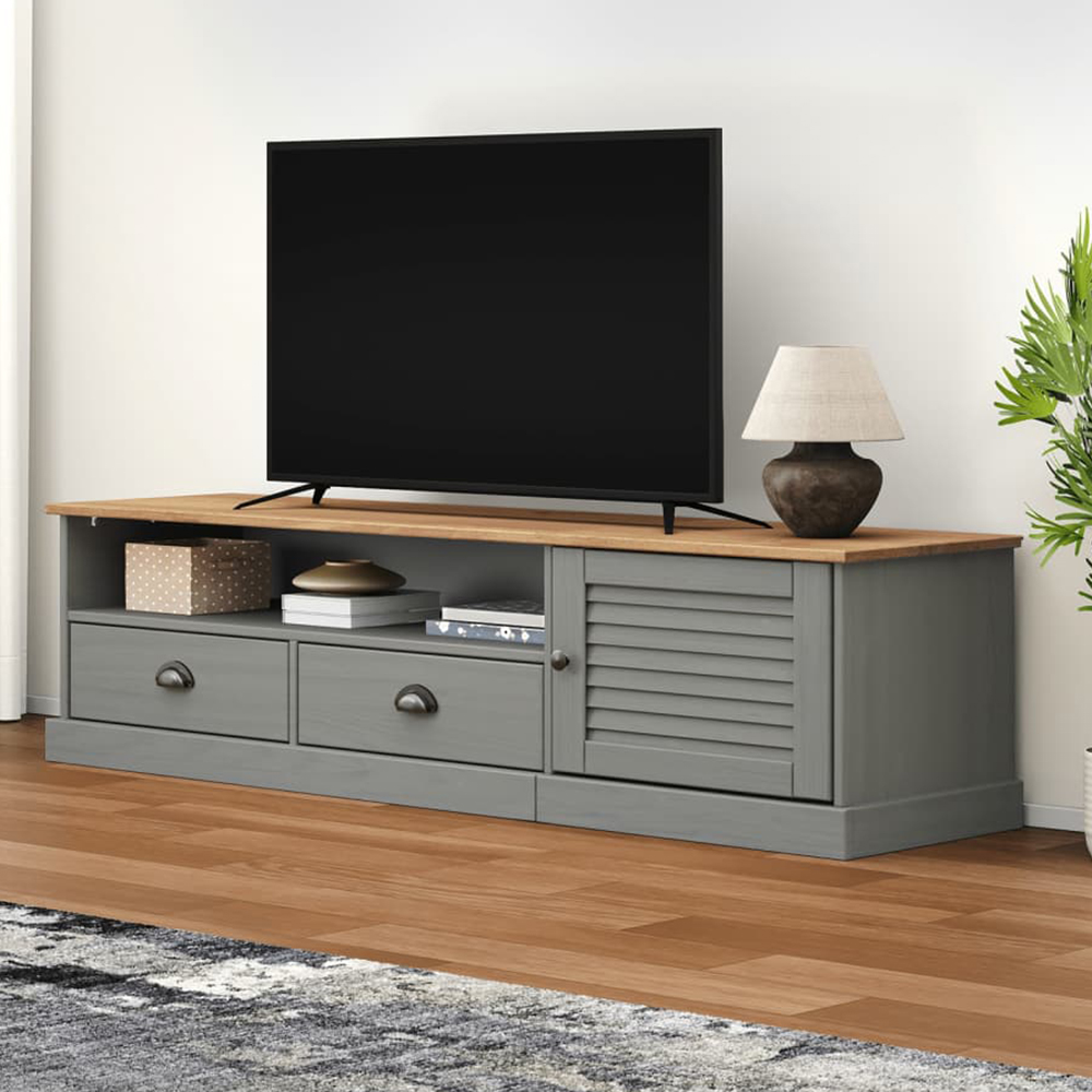 vidaXL Vigo Single Door 2 Drawer Single Shelf Grey Solid Pine Wood TV Cabinet Image 1