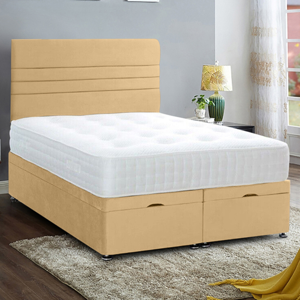 Eleganza Home Napster King Size Beige Plush Velvet Divan Ottoman Bed with Lined Headboard Image 1
