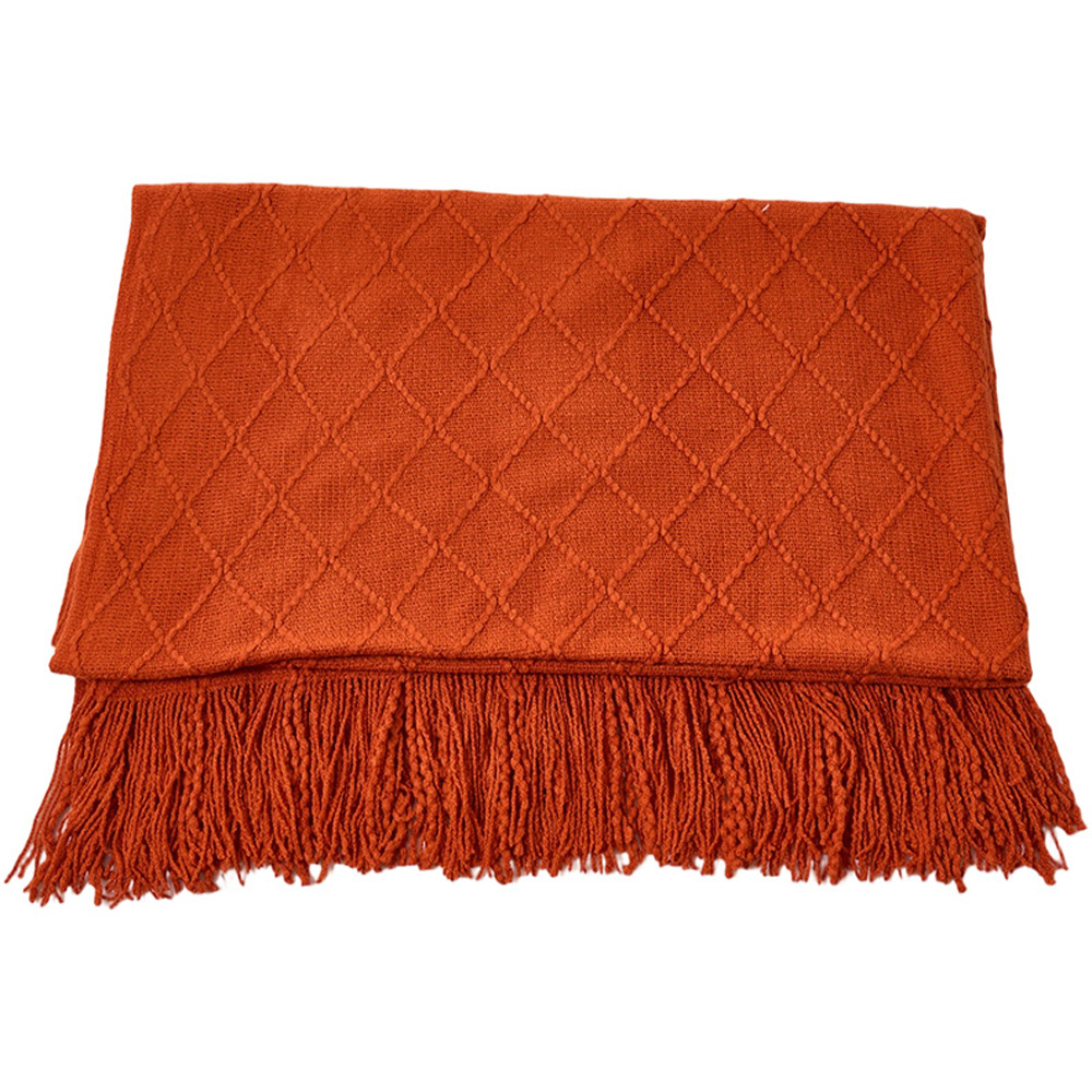 Living and Home Orange Diamond Knit Throw Blanket with Tassels 130 x 170cm Image 1