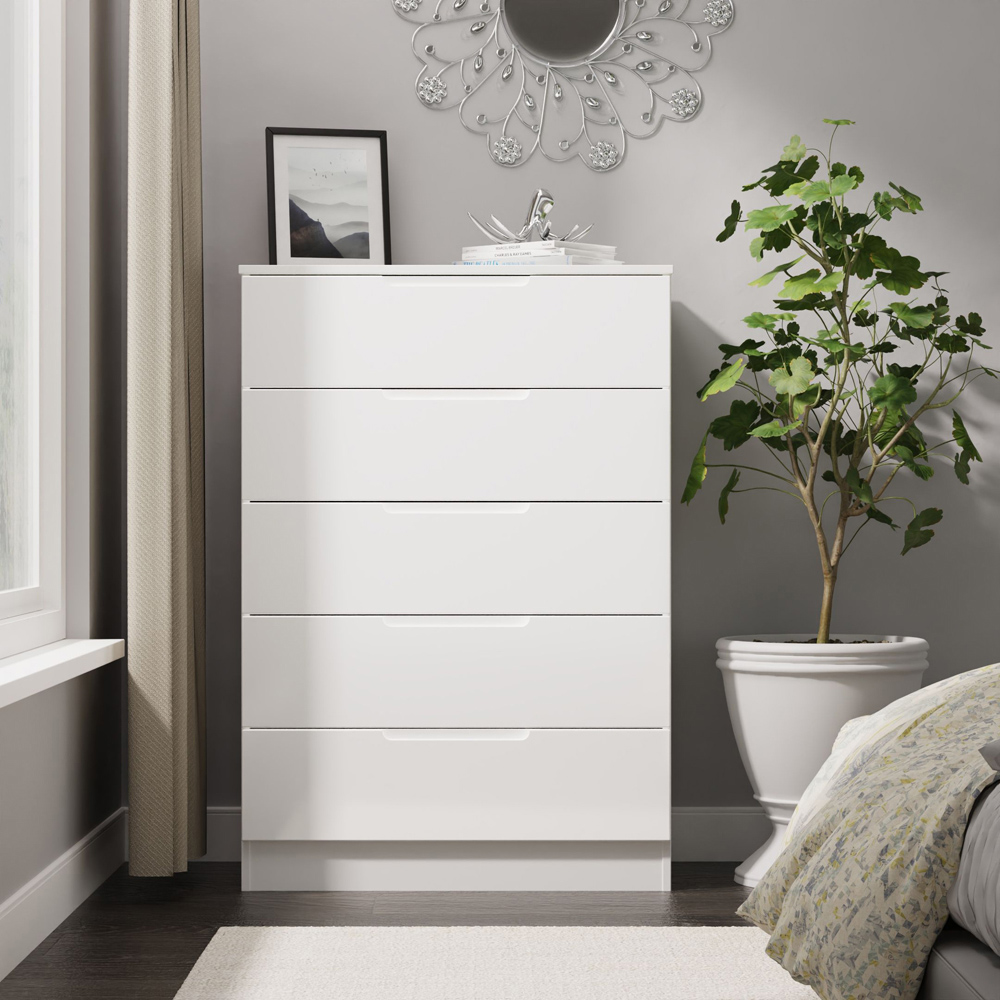 Crowndale Milan 5 Drawer White Gloss and White Chest of Drawers Ready Assembled Image 7