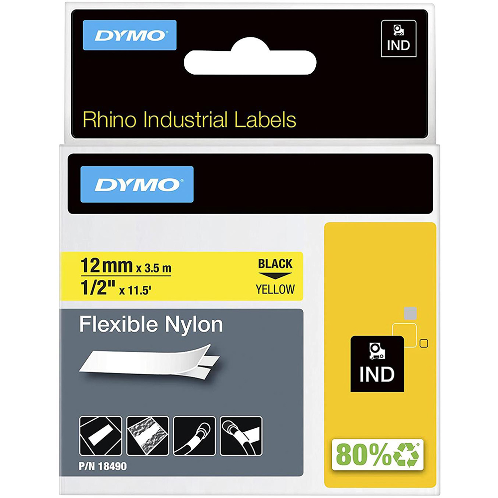 DYMO Rhino Vinyl Industrial Black On Yellow Nylon Flexible Label 12mm x 3.5m Image 2