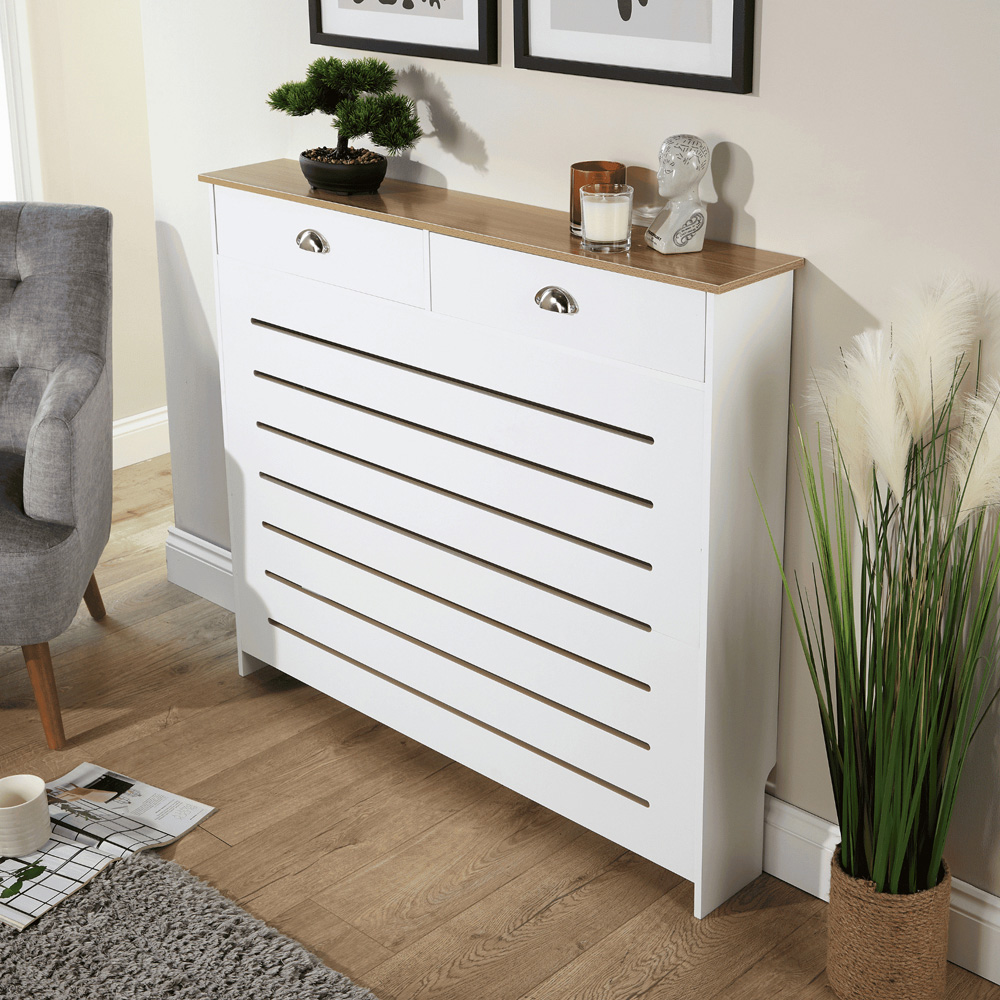 Home Source Batley 2 Drawer White and Oak Horizontal Slat Radiator Cover Medium Image 6