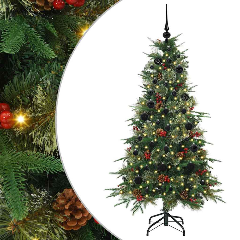 vidaXL Pre-Lit Black Baubles Green Artificial Hinged Christmas Tree 5ft Image 2