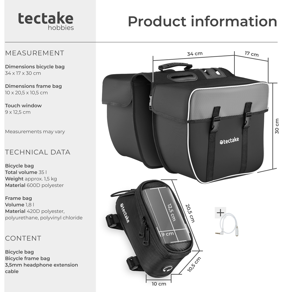 tectake Black Water-Repellent Georg Frame Bicycle Bag Set 10.5 x 20.5 x 10cm Image 8