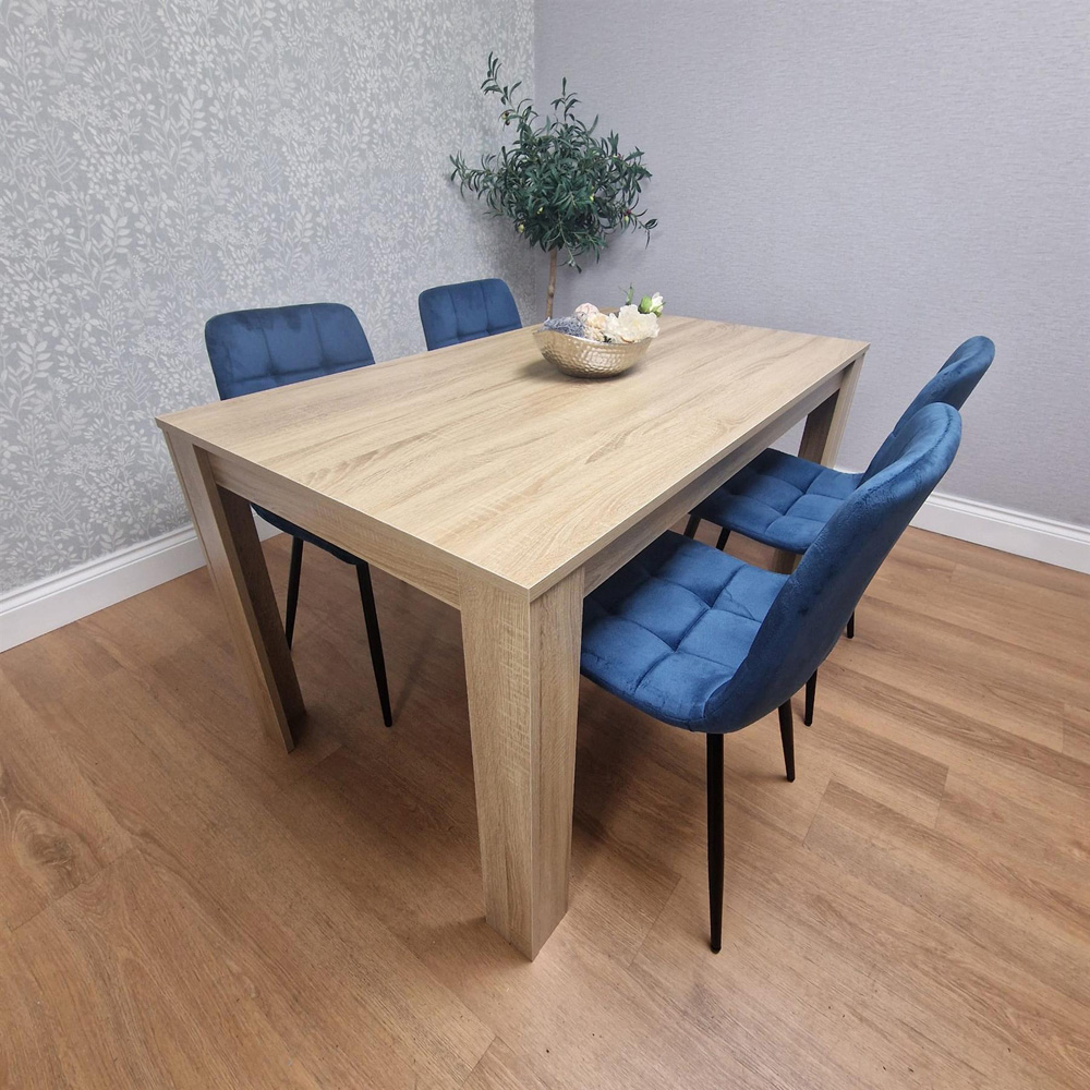 Portland 4 Seater Square Velvet Dining Set Oak Effect and Blue Image 5