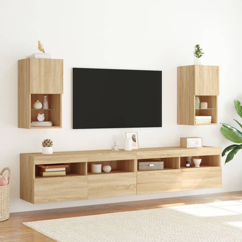 vidaXL Single Door 2 Shelf Sonoma Oak Wall Mounted LED TV Cabinet Set of 2 Image 3