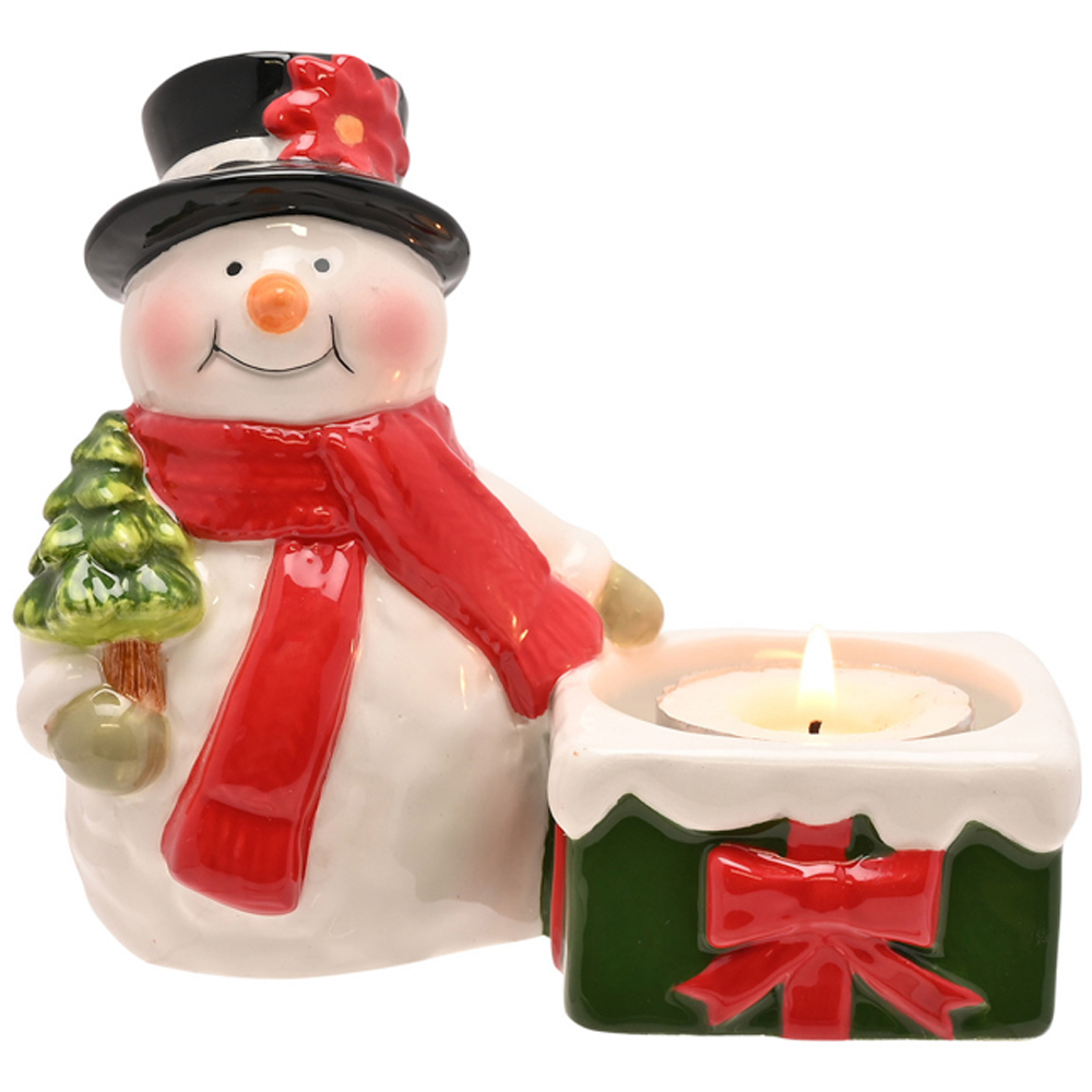 The Seasonal Gift Co. Santa and Friends Ceramic Snowman Tea Light Candle Holder Image 2