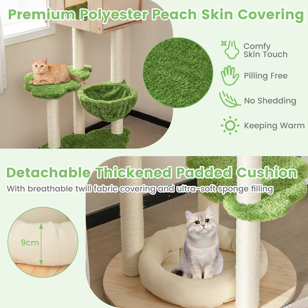 Costway Green Wooden Cat Tree with Sisal Scratching Posts 139cm Image 7