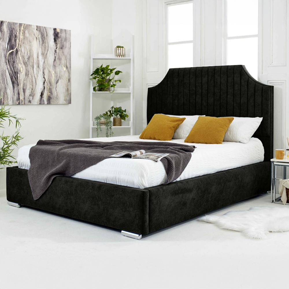 Eleganza Ascend Super King Size Black Plush Velvet Bed Frame with Lined Headboard Image 1
