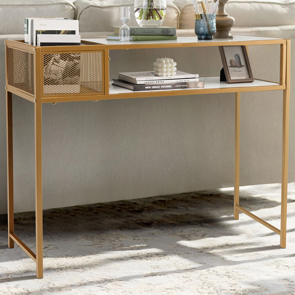 Costway Single Shelf White Faux Marble Narrow Console Table with Mesh Basket Image 1