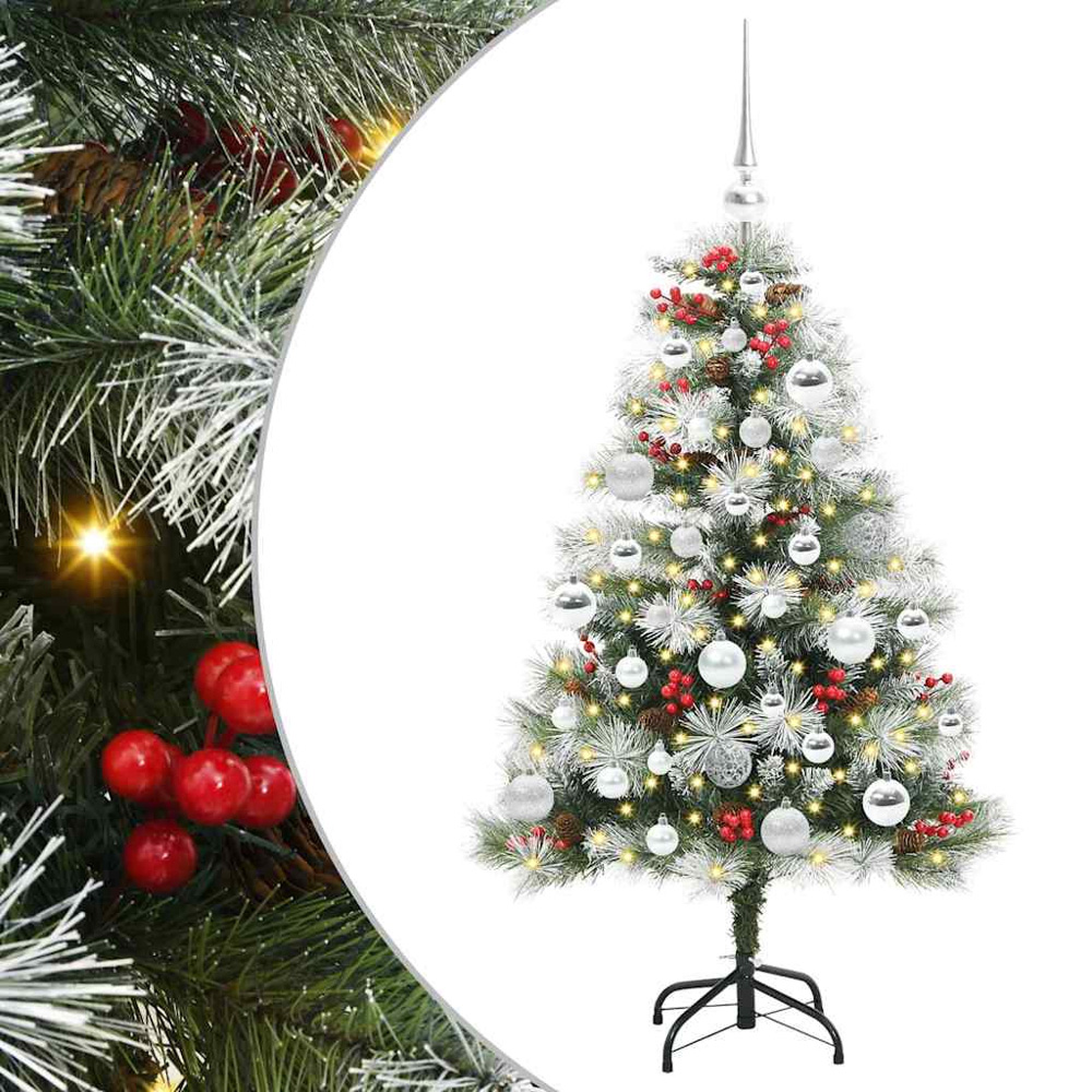 vidaXL Pre-Lit Silver Baubles Green Artificial Snow Flocked Christmas Tree 4ft Image 2