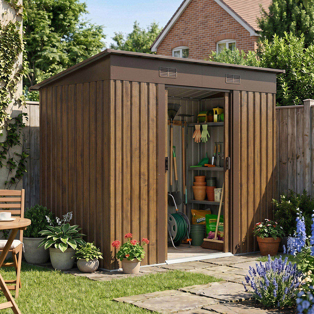Living and Home 8 x 4ft Brown Wood Grain Finish Metal Pent Garden Shed Image 3